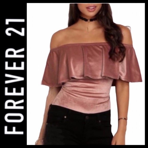F21 Velvet Off Shoulder Flounce Bodysuit - Picture 2 of 7